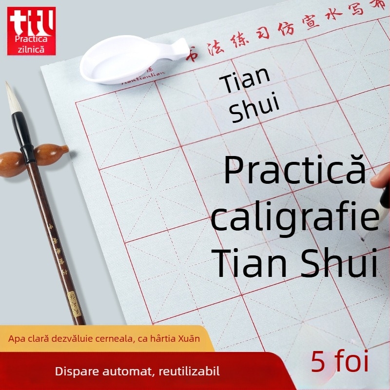 Set de caligrafie cu Water Writing Cloth și pensulă, material Oxford, hârtie de orez imitativă și foi cu grilă de orez