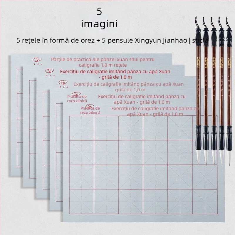 Set de caligrafie cu Water Writing Cloth și pensulă, material Oxford, hârtie de orez imitativă și foi cu grilă de orez