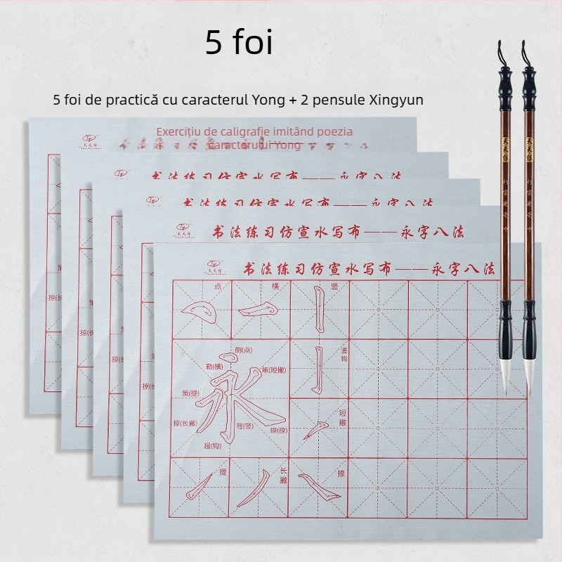 Set de caligrafie cu Water Writing Cloth și pensulă, material Oxford, hârtie de orez imitativă și foi cu grilă de orez