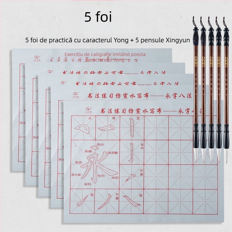 Set de caligrafie cu Water Writing Cloth și pensulă, material Oxford, hârtie de orez imitativă și foi cu grilă de orez