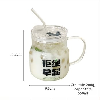 Pahar de lapte din sticlă borosilicată cu capac și pai, rezistent la temperaturi înalte, turnat manual, capacitate mare