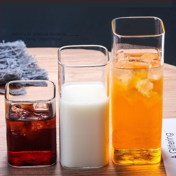 Cană din sticlă borosilicat rezistentă la temperaturi înalte, pătrată, fără mâner și fără capac, cu logo imprimat, suflată manual