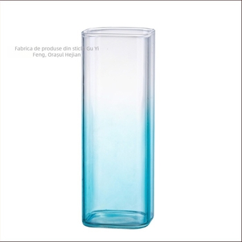 Cană din sticlă borosilicat rezistentă la temperaturi înalte, pătrată, fără mâner și fără capac, cu logo imprimat, suflată manual