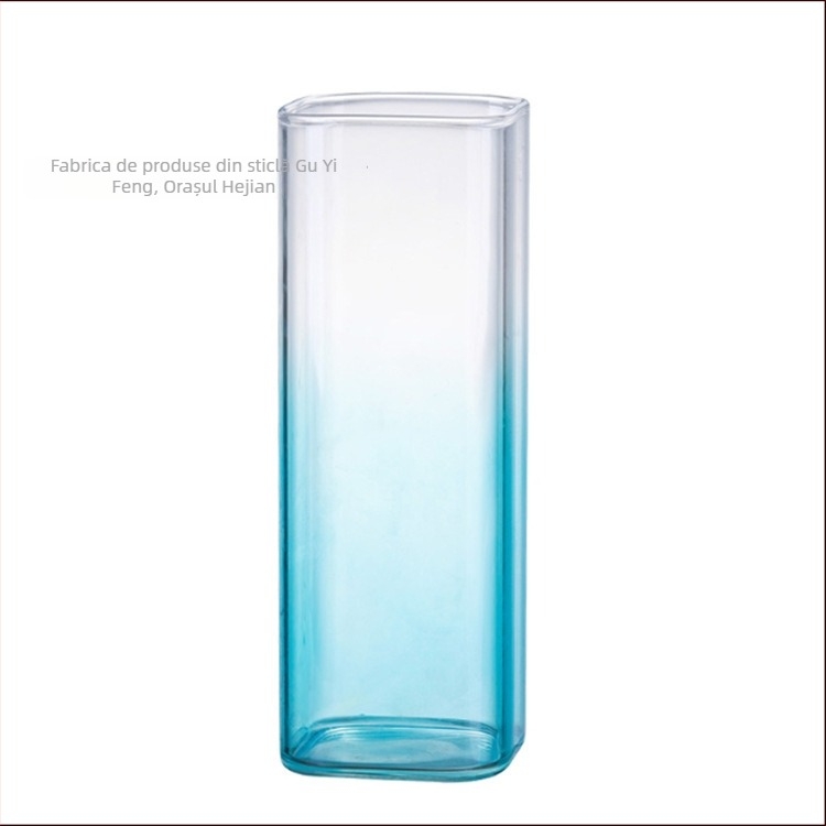 Cană din sticlă borosilicat rezistentă la temperaturi înalte, pătrată, fără mâner și fără capac, cu logo imprimat, suflată manual