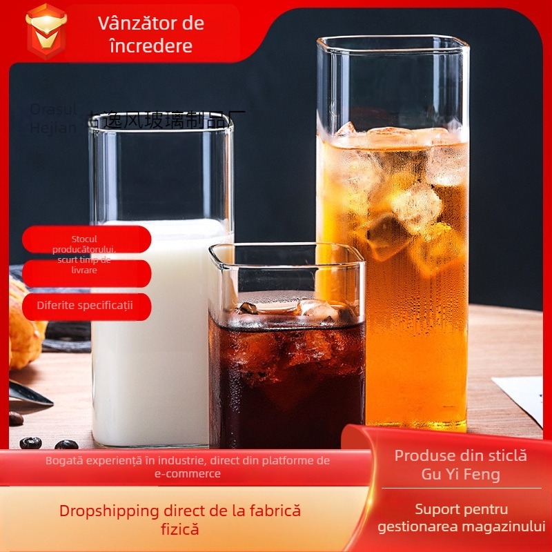 Cană din sticlă borosilicat rezistentă la temperaturi înalte, pătrată, fără mâner și fără capac, cu logo imprimat, suflată manual