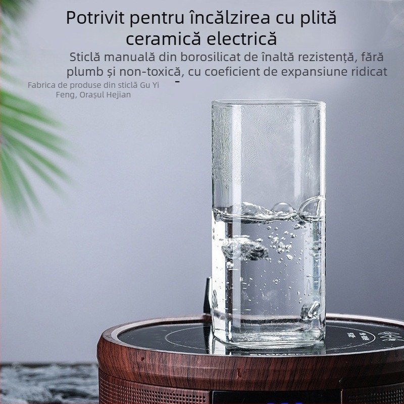 Cană din sticlă borosilicat rezistentă la temperaturi înalte, pătrată, fără mâner și fără capac, cu logo imprimat, suflată manual