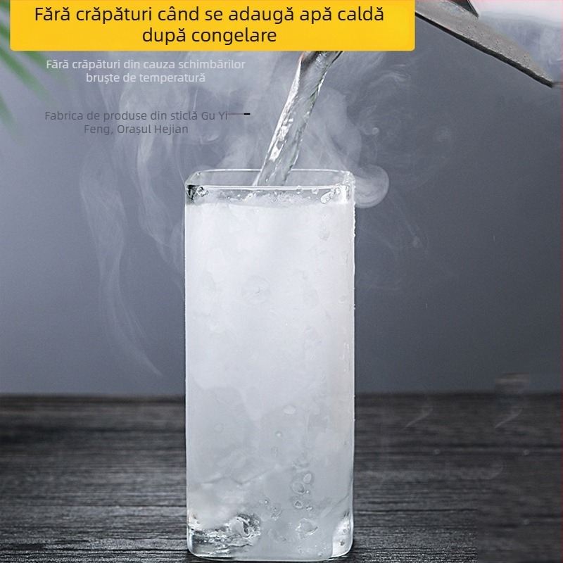 Cană din sticlă borosilicat rezistentă la temperaturi înalte, pătrată, fără mâner și fără capac, cu logo imprimat, suflată manual