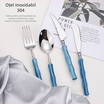 Set cuțite, furculițe și linguri pentru steak din oțel inoxidabil 304 – luciu oglindă, lucrat manual, motiv nod bambus, tacâm occidental
