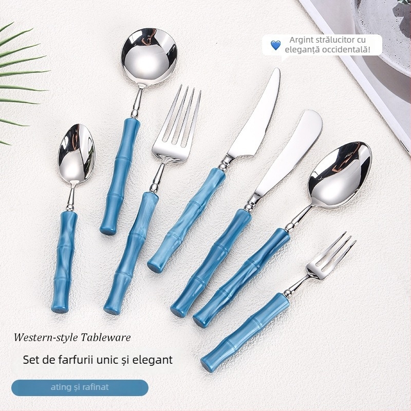 Set cuțite, furculițe și linguri pentru steak din oțel inoxidabil 304 – luciu oglindă, lucrat manual, motiv nod bambus, tacâm occidental