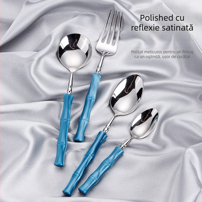 Set cuțite, furculițe și linguri pentru steak din oțel inoxidabil 304 – luciu oglindă, lucrat manual, motiv nod bambus, tacâm occidental