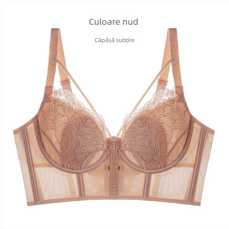 Sutien cu urechi de iepure în stil franțuzesc pentru femei, cupă 3/4, cupă mold ultra-subțire, bretele fixe duble, susținere superioară, material plasă, compoziție principală 80–90%