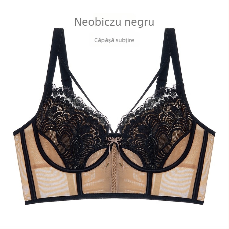 Sutien cu urechi de iepure în stil franțuzesc pentru femei, cupă 3/4, cupă mold ultra-subțire, bretele fixe duble, susținere superioară, material plasă, compoziție principală 80–90%