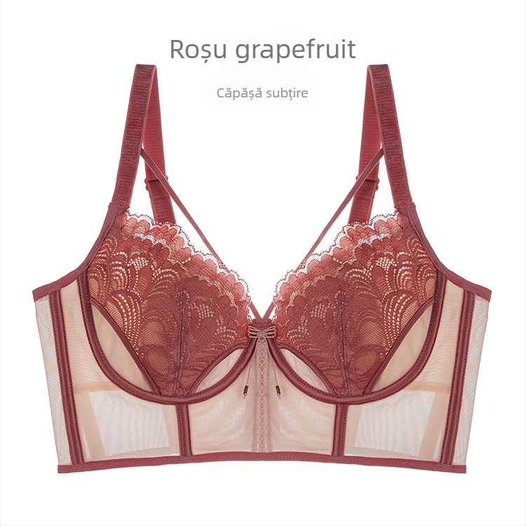 Sutien cu urechi de iepure în stil franțuzesc pentru femei, cupă 3/4, cupă mold ultra-subțire, bretele fixe duble, susținere superioară, material plasă, compoziție principală 80–90%
