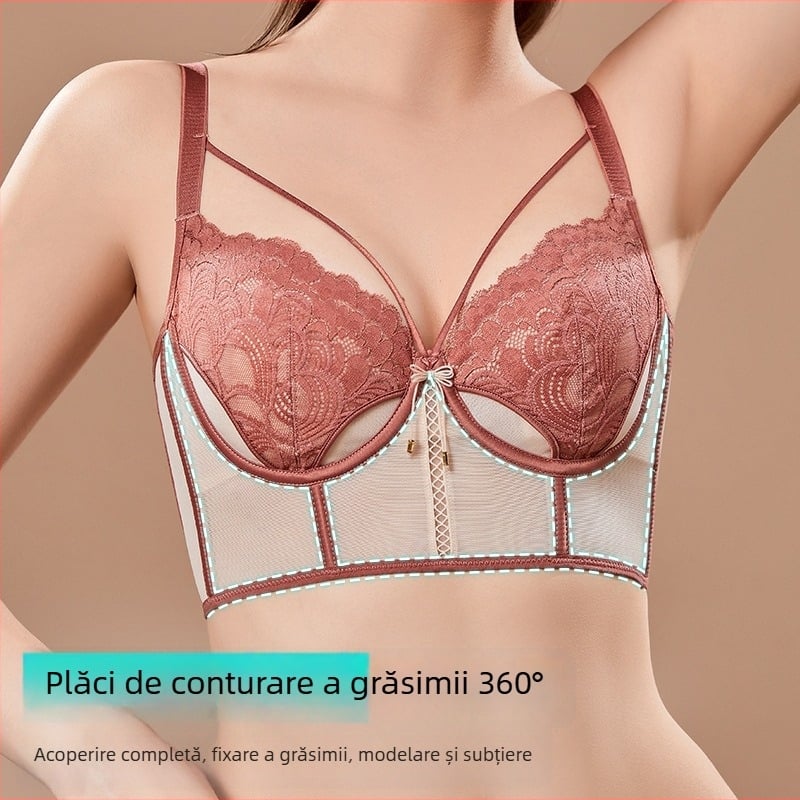 Sutien cu urechi de iepure în stil franțuzesc pentru femei, cupă 3/4, cupă mold ultra-subțire, bretele fixe duble, susținere superioară, material plasă, compoziție principală 80–90%