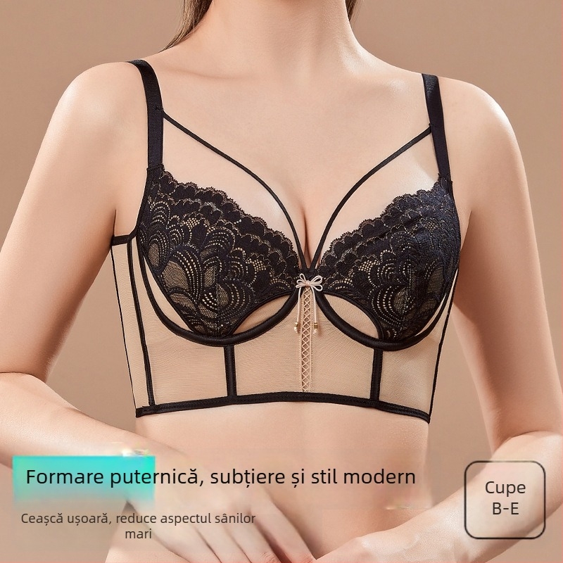 Sutien cu urechi de iepure în stil franțuzesc pentru femei, cupă 3/4, cupă mold ultra-subțire, bretele fixe duble, susținere superioară, material plasă, compoziție principală 80–90%