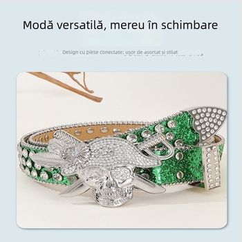 Curea cu strasuri în stil punk – piele PU, cataramă din aliaj, închidere cu pin, lățime 2–4 cm, electroplată