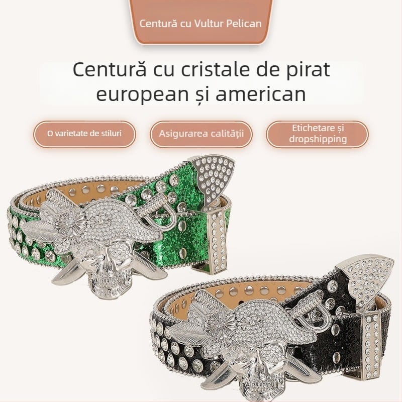 Curea cu strasuri în stil punk – piele PU, cataramă din aliaj, închidere cu pin, lățime 2–4 cm, electroplată