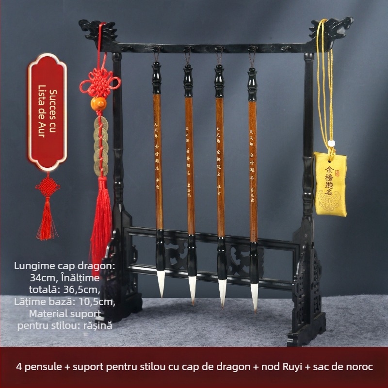 Set din lemn pentru pensule cu suport cap dragon, 8 ace, model D2987, TT/Tiantian Practice