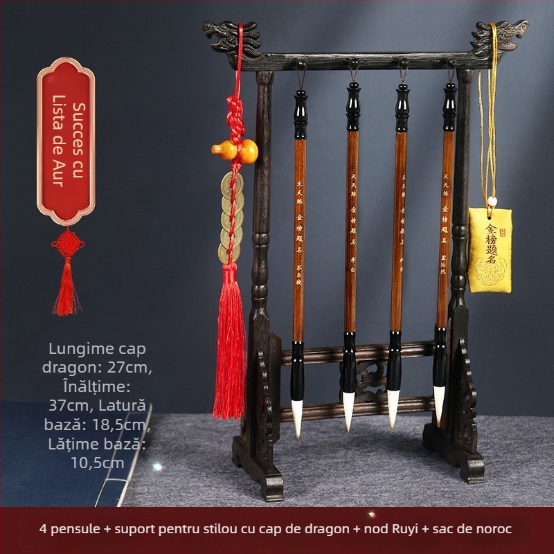 Set din lemn pentru pensule cu suport cap dragon, 8 ace, model D2987, TT/Tiantian Practice