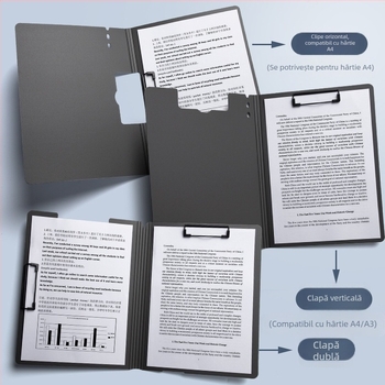 Placă groasă cu cleme duble, din PVC, dosar de documente și planșă de scris, poate ține până la 70 de coli