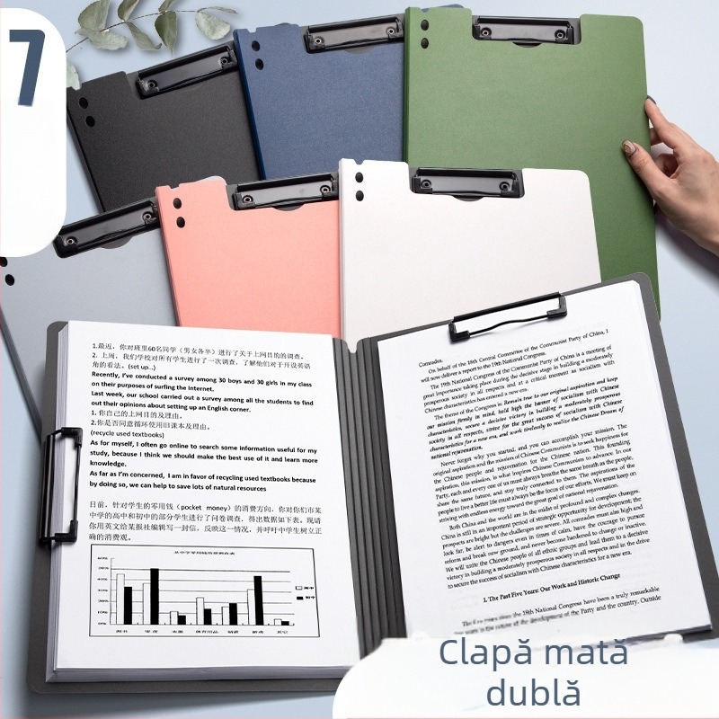 Placă groasă cu cleme duble, din PVC, dosar de documente și planșă de scris, poate ține până la 70 de coli