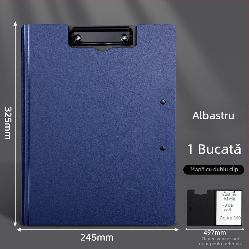 Placă groasă cu cleme duble, din PVC, dosar de documente și planșă de scris, poate ține până la 70 de coli