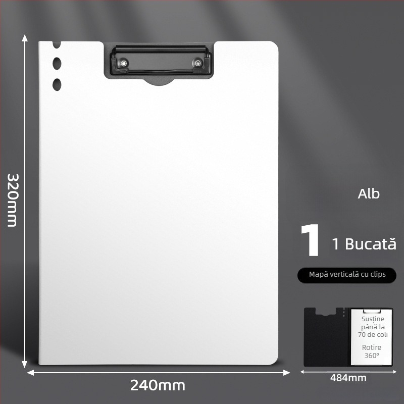 Placă groasă cu cleme duble, din PVC, dosar de documente și planșă de scris, poate ține până la 70 de coli