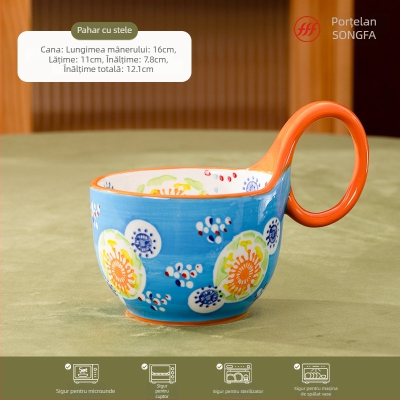 Ceașcă de mic dejun din porțelan, cu mâner în formă de floare, pictată manual – set premium din trei piese, ceramică albă, rezistentă la temperaturi înalte, logo personalizabil