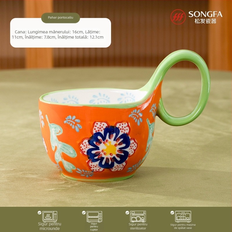 Ceașcă de mic dejun din porțelan, cu mâner în formă de floare, pictată manual – set premium din trei piese, ceramică albă, rezistentă la temperaturi înalte, logo personalizabil