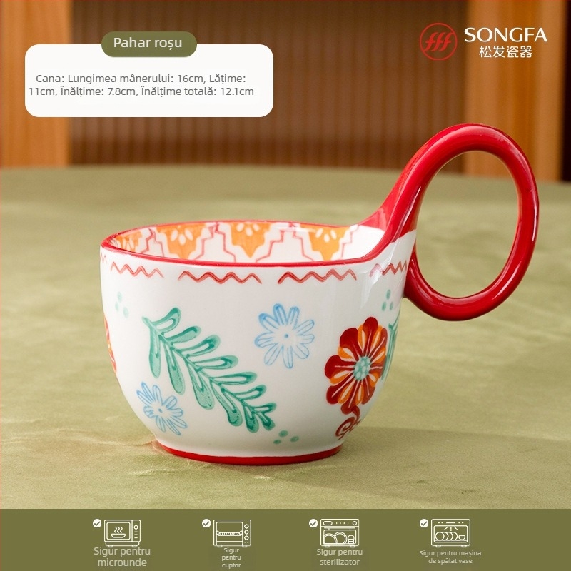 Ceașcă de mic dejun din porțelan, cu mâner în formă de floare, pictată manual – set premium din trei piese, ceramică albă, rezistentă la temperaturi înalte, logo personalizabil