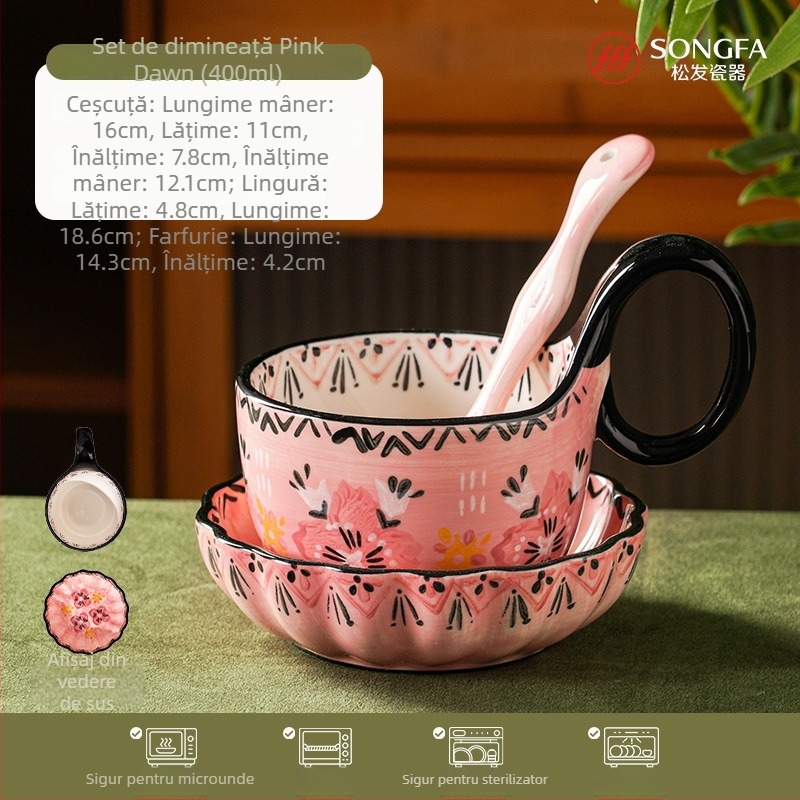 Ceașcă de mic dejun din porțelan, cu mâner în formă de floare, pictată manual – set premium din trei piese, ceramică albă, rezistentă la temperaturi înalte, logo personalizabil