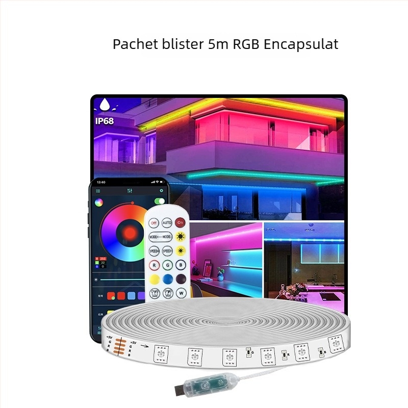 Bandă LED RGBIC pentru exterior, 18 LED 5050, intrare 5V, IP68 rezistentă la apă, reglabilă intensitatea luminii