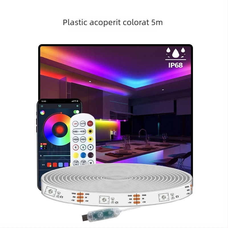 Bandă LED RGBIC pentru exterior, 18 LED 5050, intrare 5V, IP68 rezistentă la apă, reglabilă intensitatea luminii
