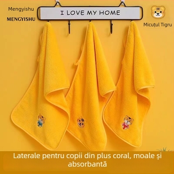 Prosop de baie pentru copii din coral fleece, model tigru desenat, pentru bebeluși – 32S fire, broderie