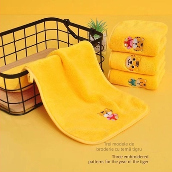 Prosop de baie pentru copii din coral fleece, model tigru desenat, pentru bebeluși – 32S fire, broderie