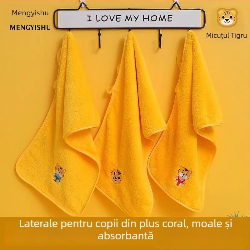 Prosop de baie pentru copii din coral fleece, model tigru desenat, pentru bebeluși – 32S fire, broderie