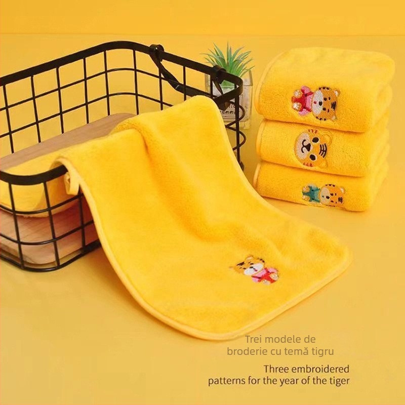 Prosop de baie pentru copii din coral fleece, model tigru desenat, pentru bebeluși – 32S fire, broderie