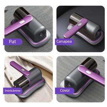 Vacuum fără fir pentru îndepărtarea acarienilor de pe pat și canapea, sterilizare UV, recipient de praf, lățime de aspirație 0-10 cm
