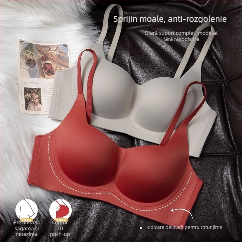 Sutien cu decolteu drept, suport fără cusături, cupe modelate cu vârf subțire și bază mai groasă, material principal nylon, închidere la spate cu patru rânduri de cârlige