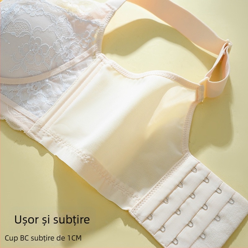 Sutien din dantelă fără sârmă, cupă 3/4, model subțire, bretele reglabile, închidere la spate cu patru rânduri de cârlige, respirabil și susținător