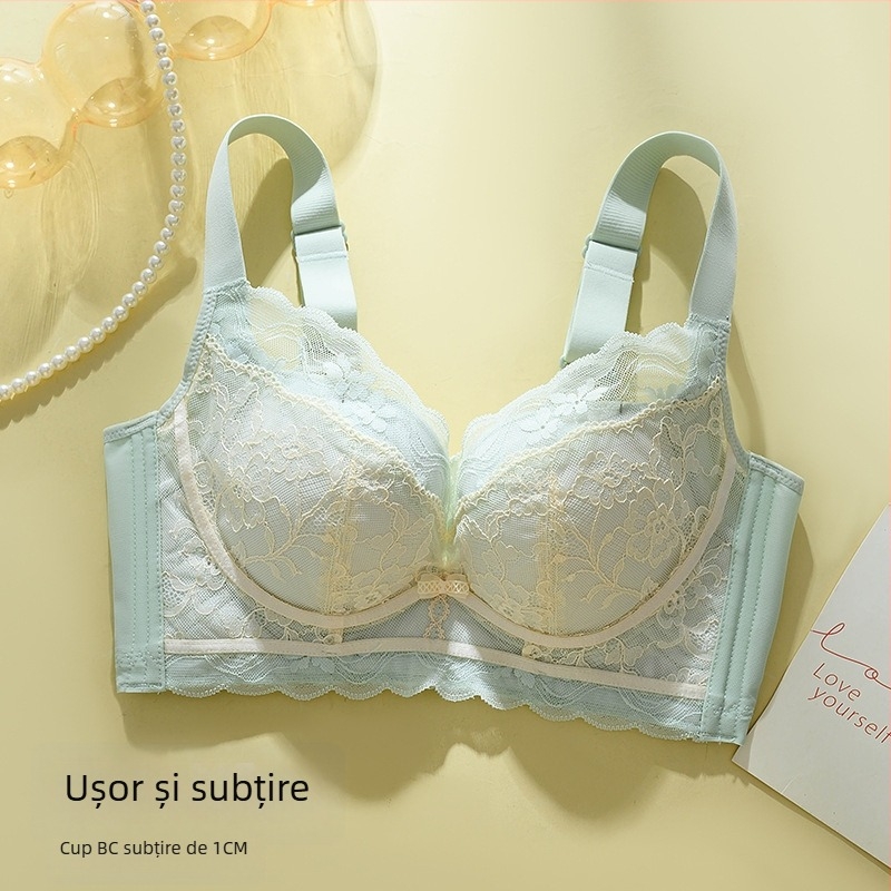 Sutien din dantelă fără sârmă, cupă 3/4, model subțire, bretele reglabile, închidere la spate cu patru rânduri de cârlige, respirabil și susținător