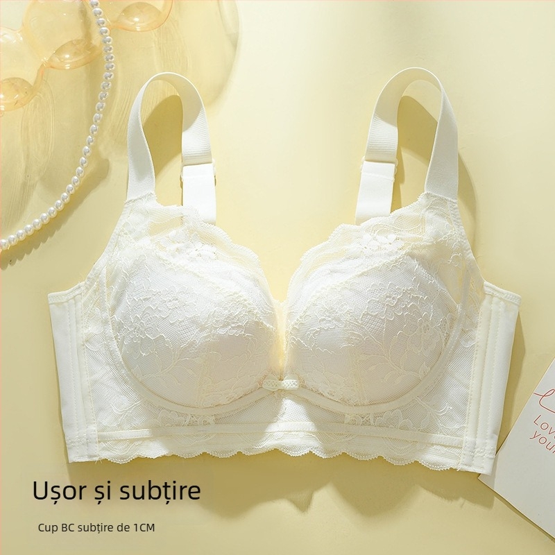 Sutien din dantelă fără sârmă, cupă 3/4, model subțire, bretele reglabile, închidere la spate cu patru rânduri de cârlige, respirabil și susținător