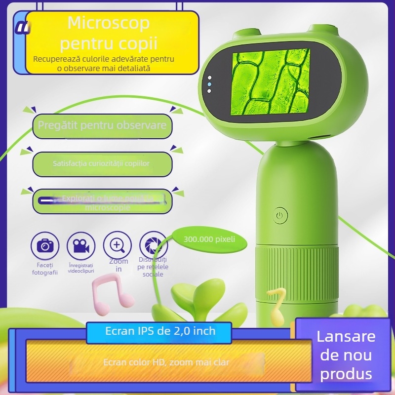 Microscop digital pentru copii cu ecran, portabil, design desen animat, afișaj HD, pentru știință și educație