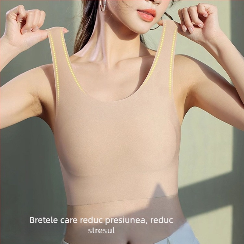 Sutien-vest fără cusături, respirabil și confortabil, cu bretele fixe duble, cupe subțiri modelate, căptușeală din bumbac, material nylon-spandex