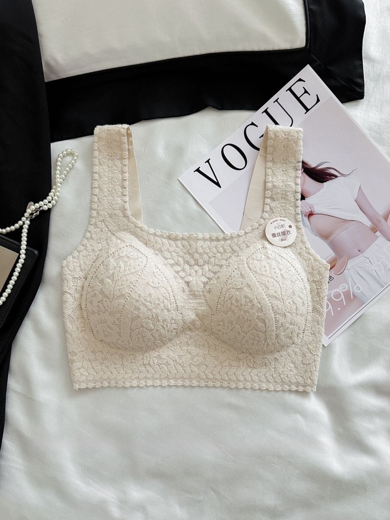 Bustier dantelat cu spate frumos, decolteu pătrat, cupe fixate, cupe turnate subțiri cu căptușeală din bumbac