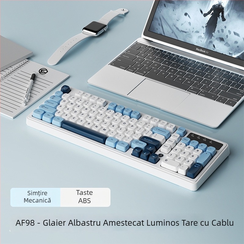 AF98 tastatură cu membrană, 88–98 taste, iluminare RGB, conectivitate în trei moduri (Bluetooth, USB-C cablat, 2.4G wireless), rezistent la apă, corp ABS.