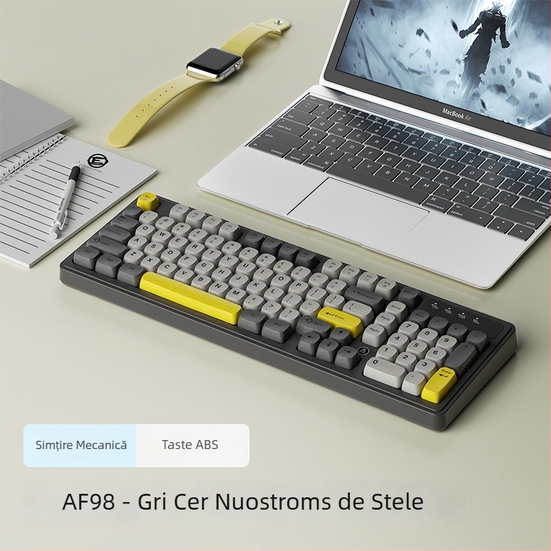 AF98 tastatură cu membrană, 88–98 taste, iluminare RGB, conectivitate în trei moduri (Bluetooth, USB-C cablat, 2.4G wireless), rezistent la apă, corp ABS.