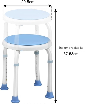 Scaun de duș cu rotație 360°, înălțime reglabilă, scaun rotund de baie, finisaj oxidat