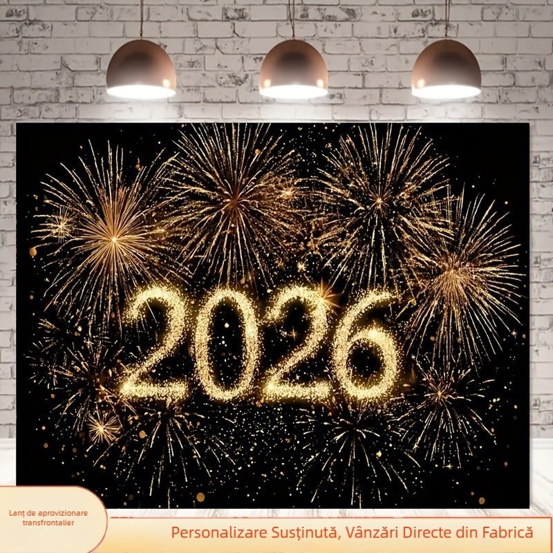 Banner de fundal pentru Anul Nou 2026 cu artificii strălucitoare și luciu auriu – țesătură poliester, fără băț de steag, fără imprimare logo, ambalare Opp bag