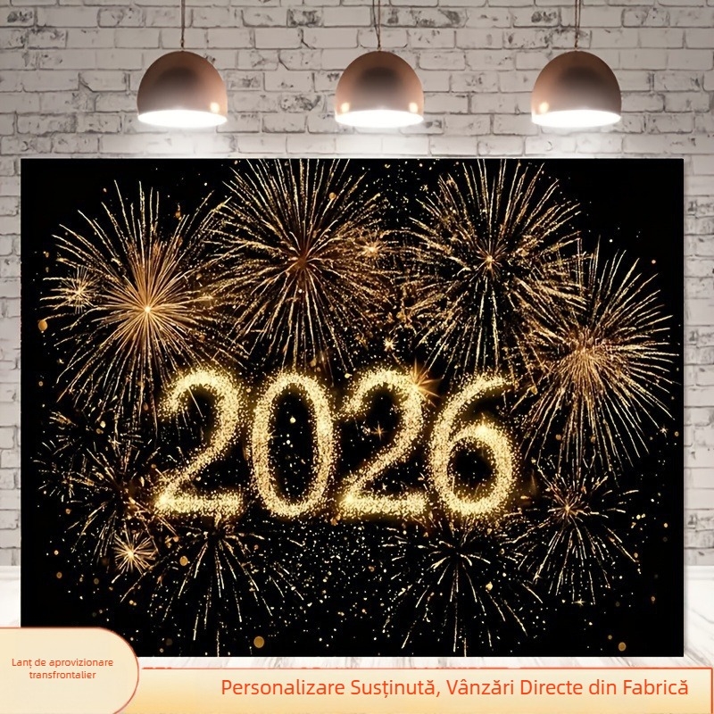 Banner de fundal pentru Anul Nou 2026 cu artificii strălucitoare și luciu auriu – țesătură poliester, fără băț de steag, fără imprimare logo, ambalare Opp bag